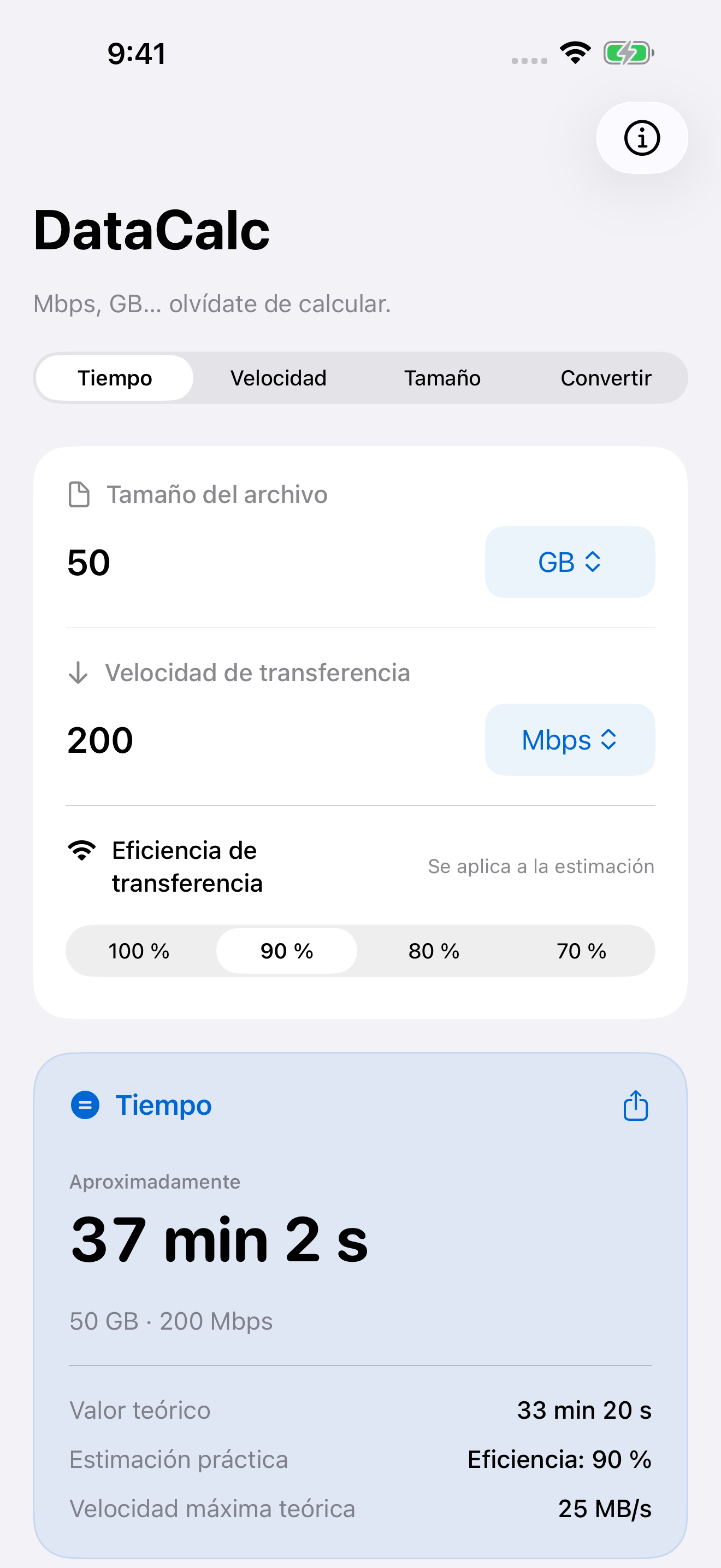 DataCalc calcula el tiempo para transferir 50 GB a 200 Mbps con una eficiencia del 90%