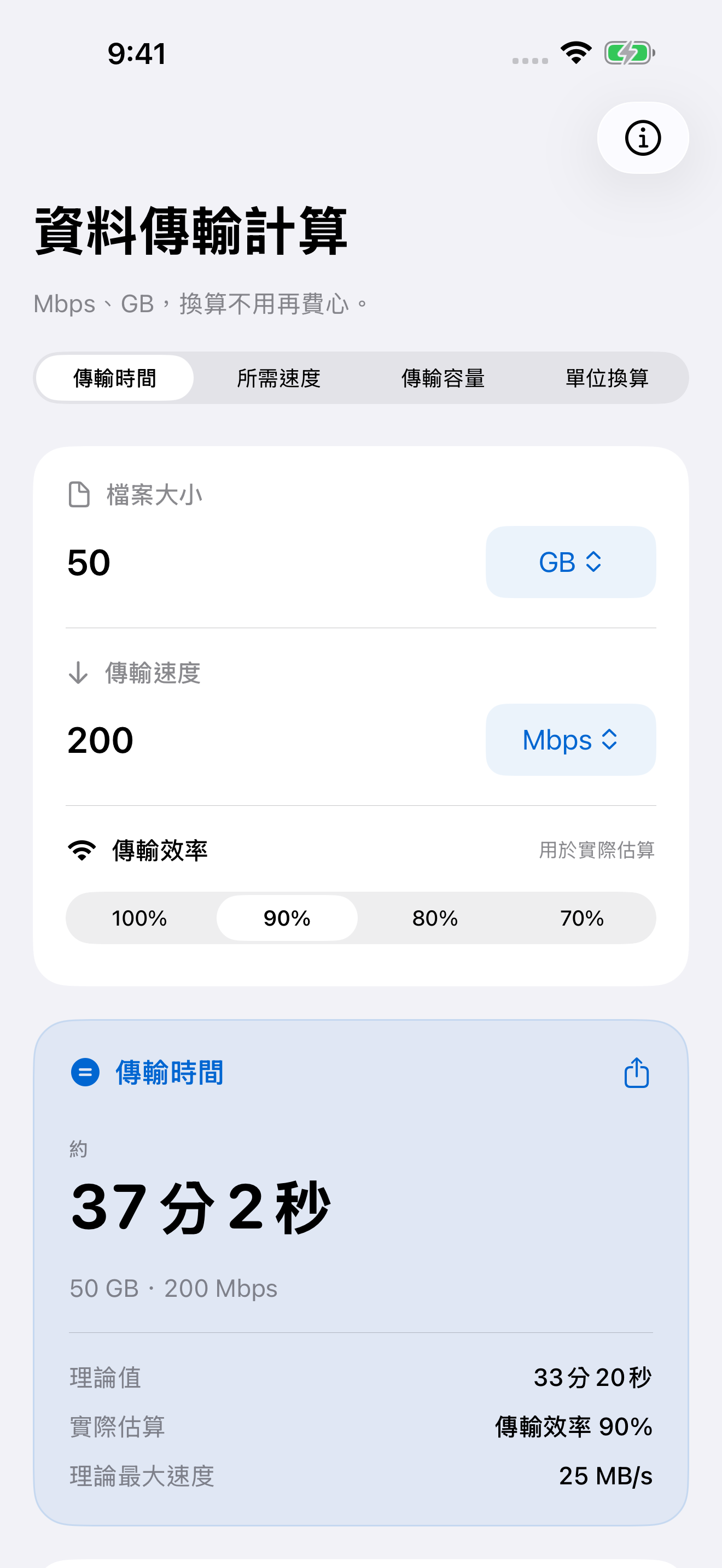 資料傳輸計算以200 Mbps速度、90%傳輸效率估算50 GB檔案的傳輸時間