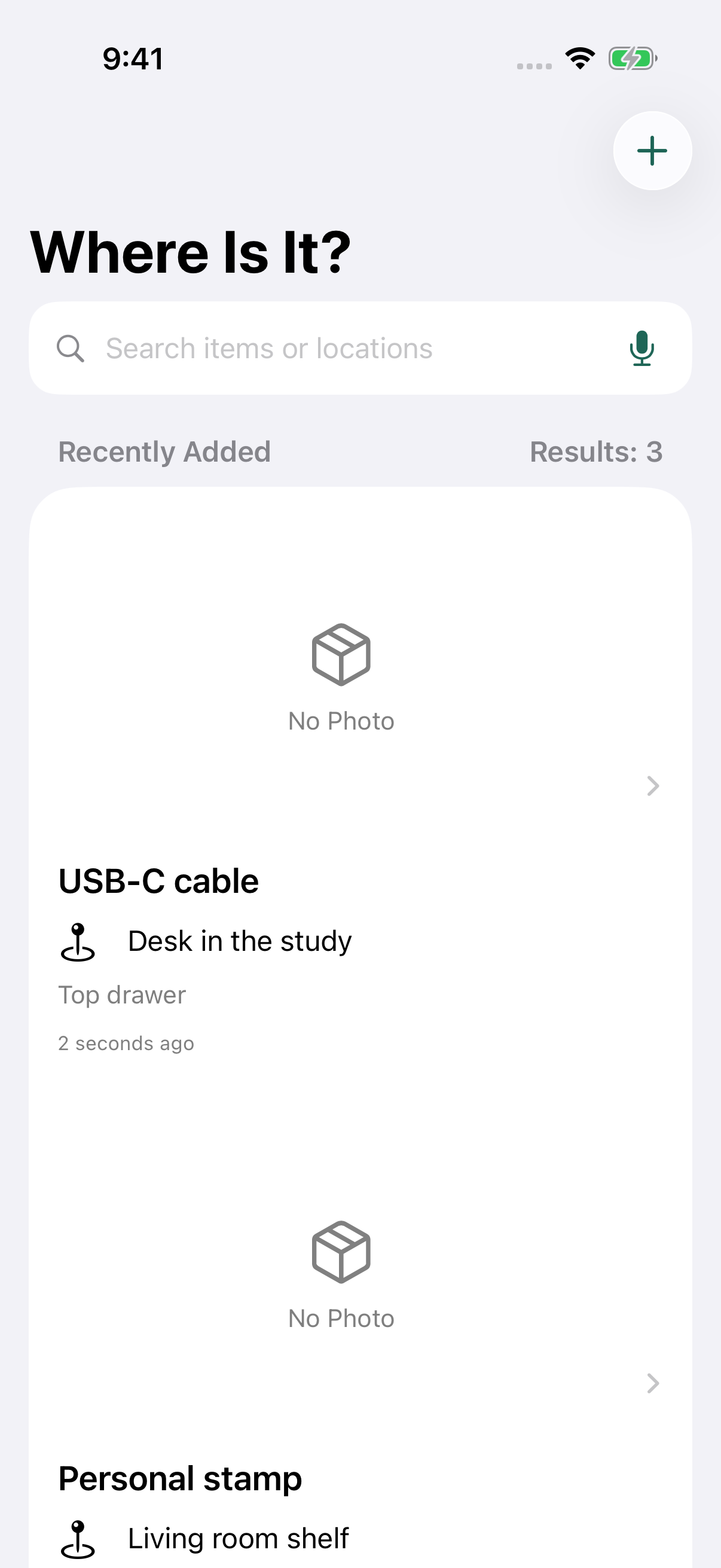 Where Is It? home screen showing sample belongings and their storage locations