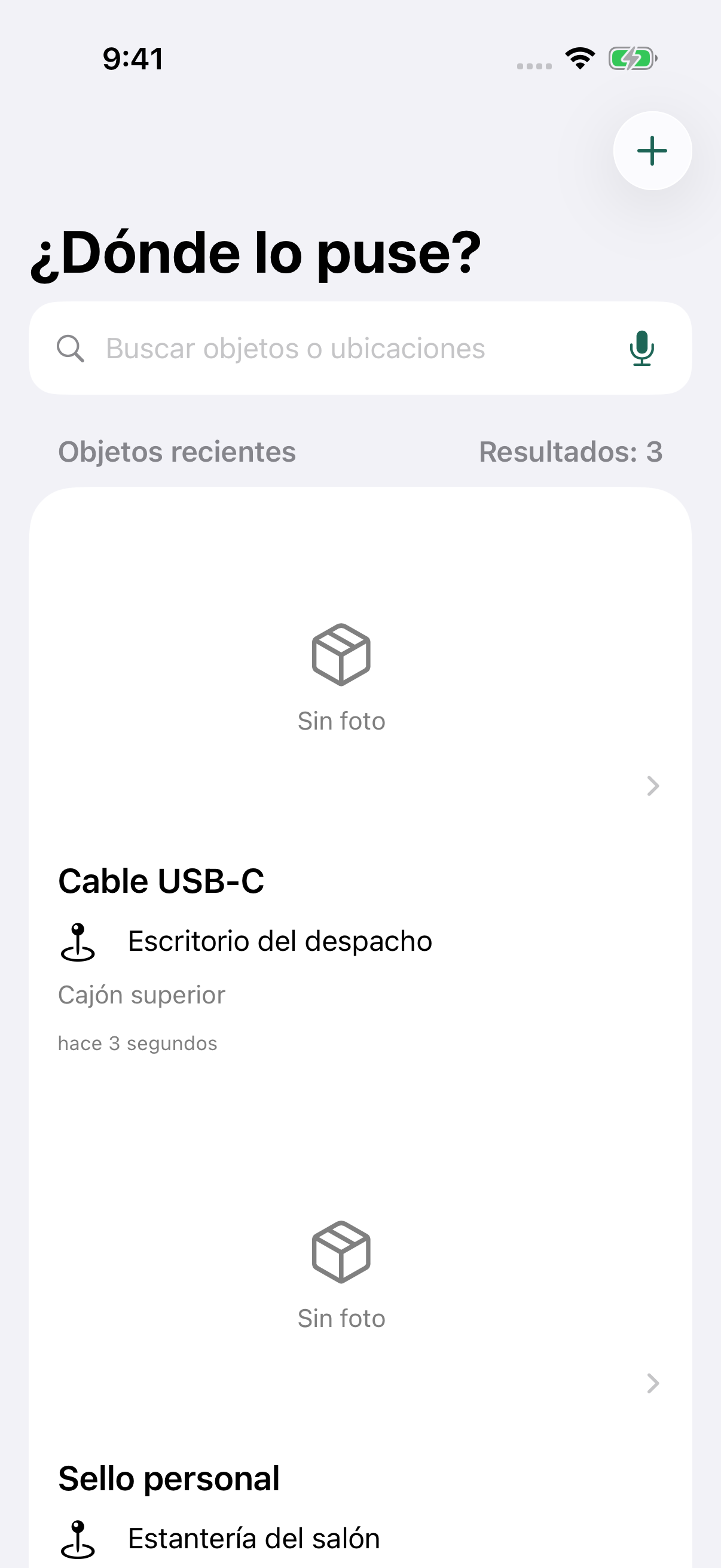 Pantalla de inicio de ¿Dónde lo puse? con objetos de ejemplo y sus ubicaciones