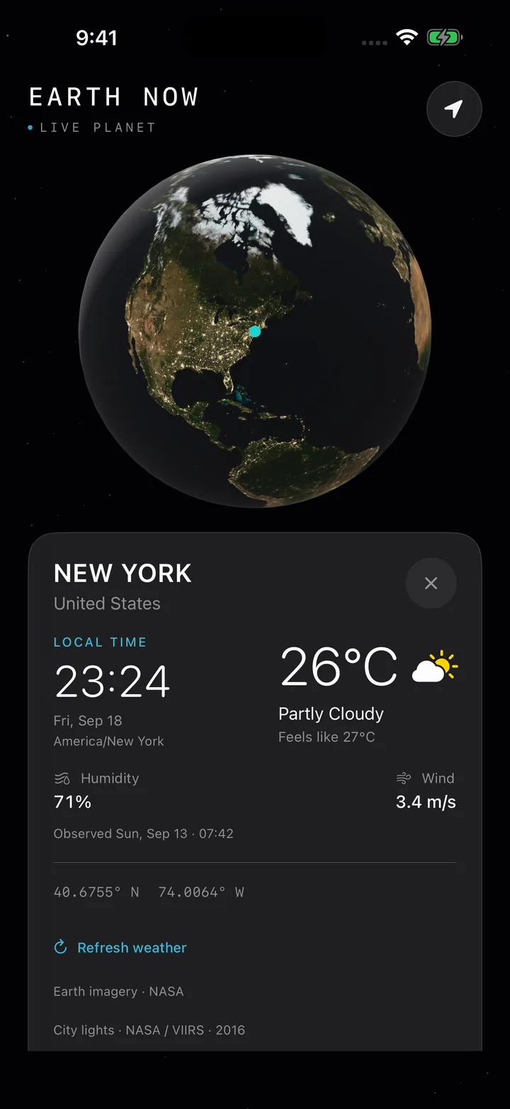 Earth Now showing local time and current weather for New York