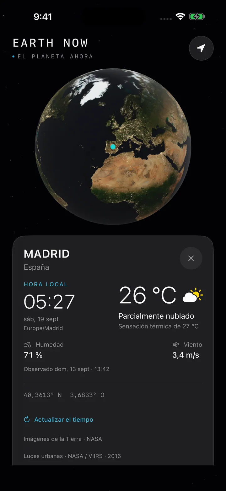 Pantalla real de Earth Now con la hora local y el tiempo actual de Madrid.