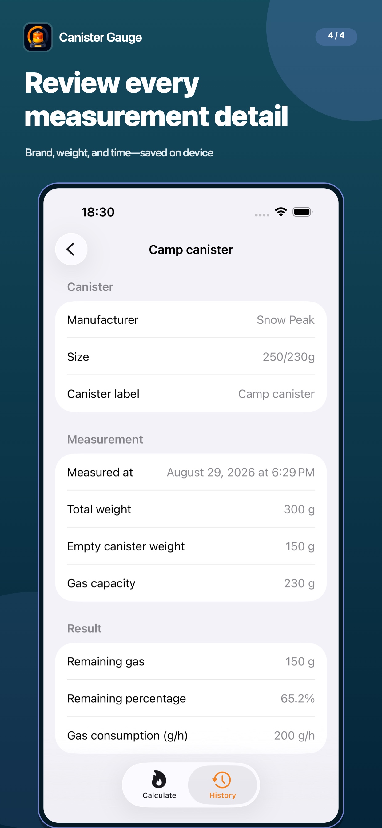 Saved measurement details