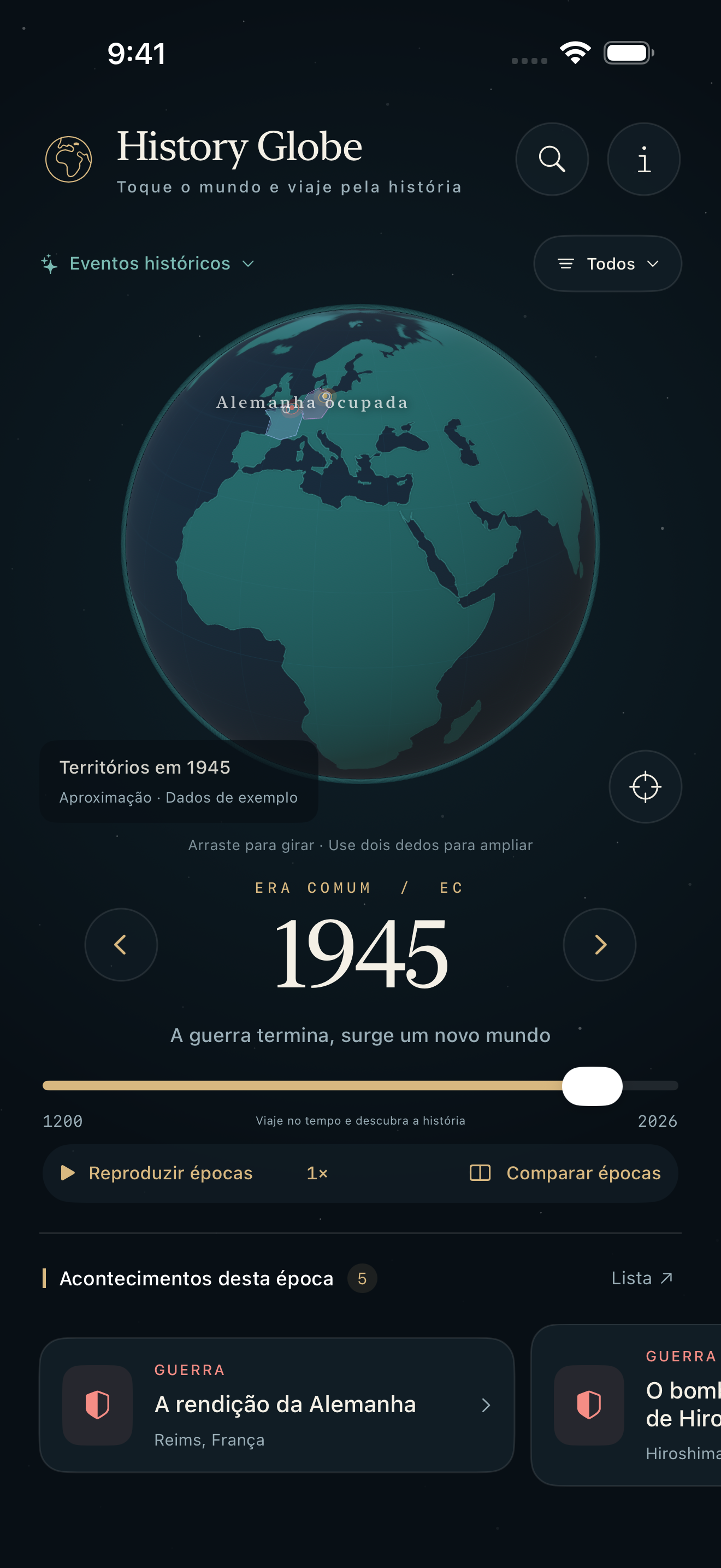 Tela do History Globe com o globo de 1945, a linha do tempo e cartões de acontecimentos históricos