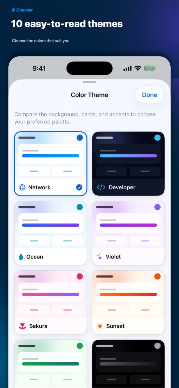 Theme picker with ten color themes